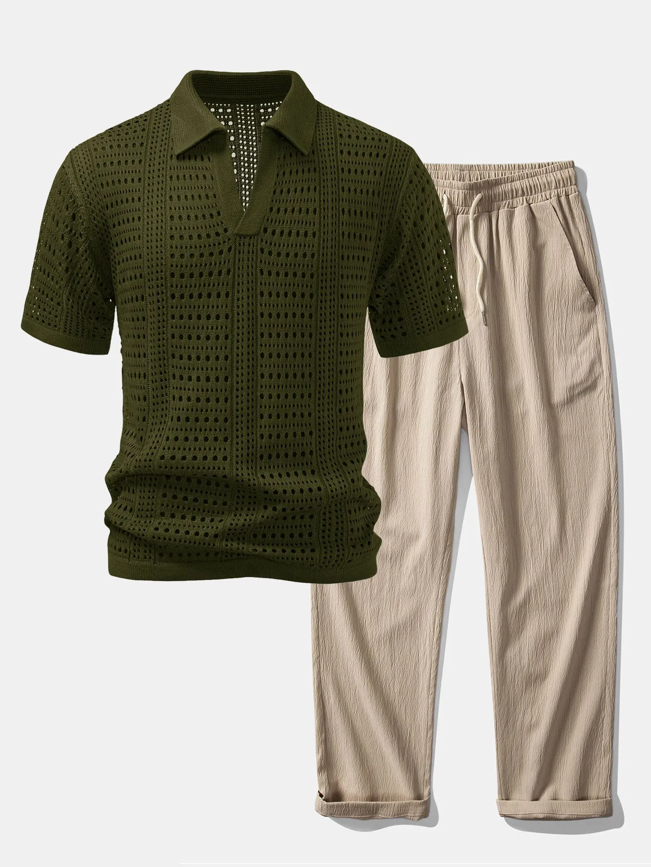 Crochet V Neck Polo Shirt & Crinkle Textured Straight Leg Pants sold by Hoooyi product image thumbnail 2