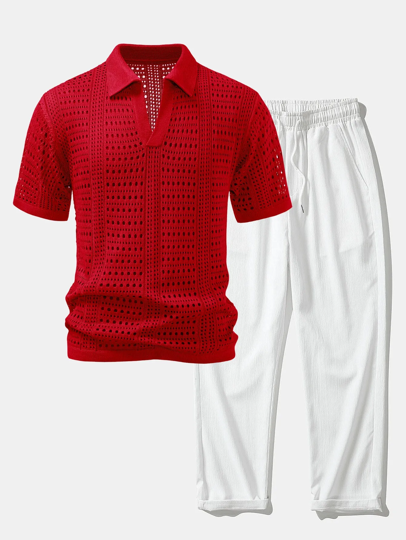 Crochet V Neck Polo Shirt & Crinkle Textured Straight Leg Pants sold by Hoooyi product image thumbnail 3