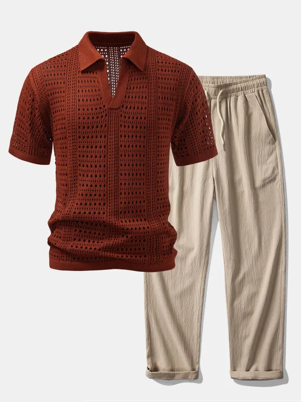Crochet  V Neck Polo Shirt & Crinkle Textured Straight Leg Pants made by Hoooyi