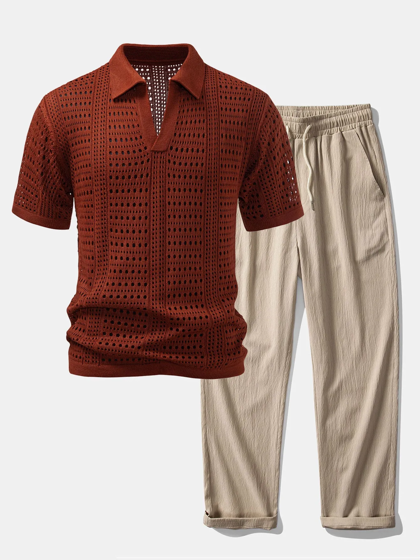 Crochet V Neck Polo Shirt & Crinkle Textured Straight Leg Pants sold by Hoooyi