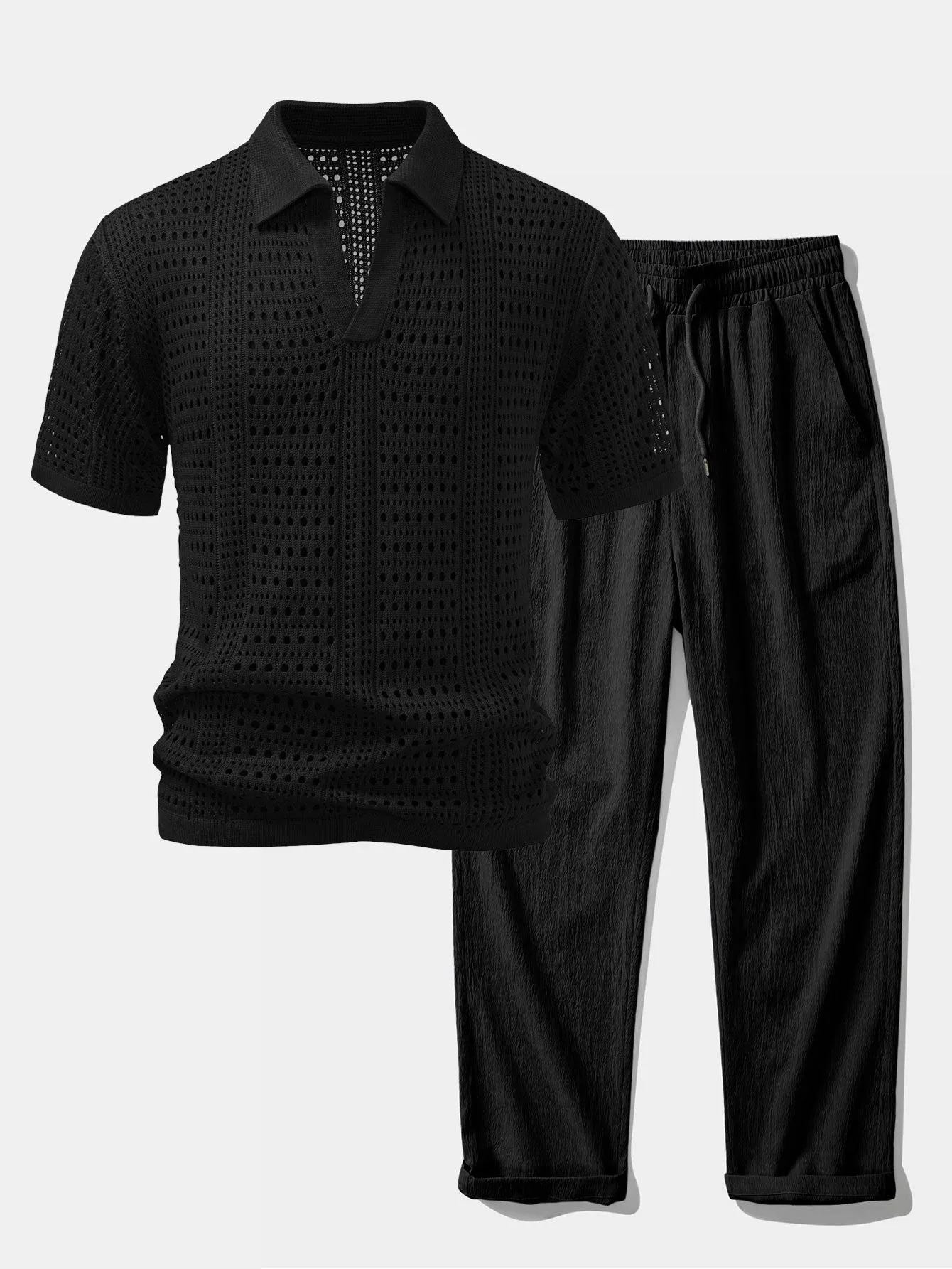 Crochet V Neck Polo Shirt & Crinkle Textured Straight Leg Pants sold by Hoooyi product image thumbnail 4