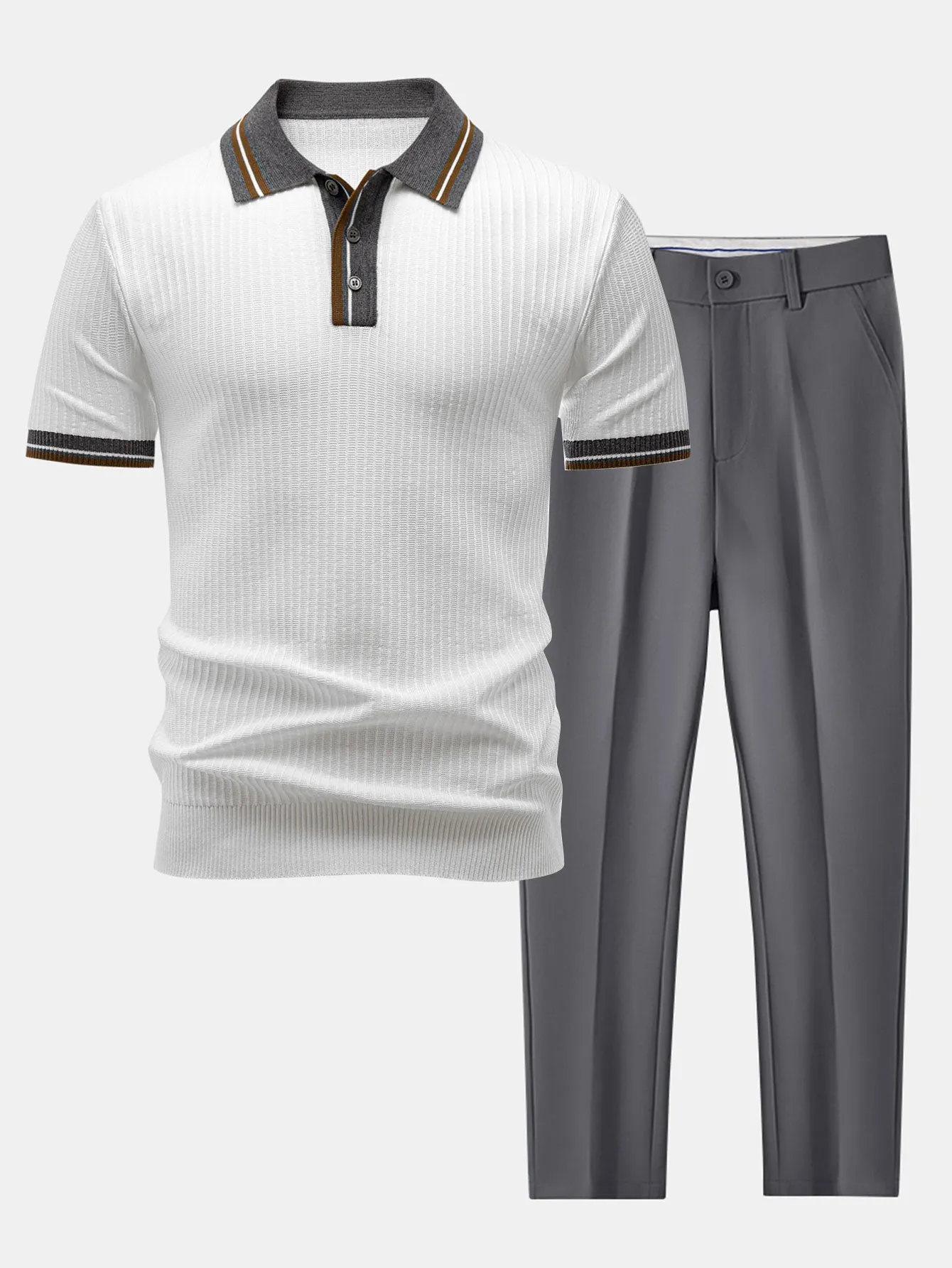 Contrast Trim Knit Polo Shirt & Slim Fit Tapered Trousers sold by Hoooyi product image thumbnail 3
