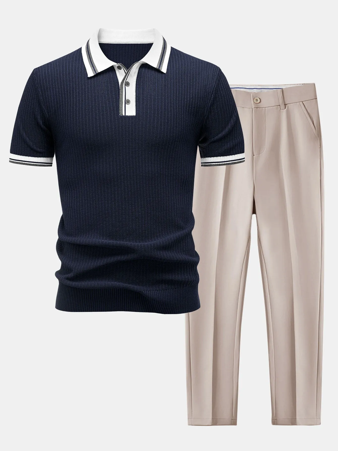 Contrast Trim Knit Polo Shirt & Slim Fit Tapered Trousers sold by Hoooyi product image thumbnail 4