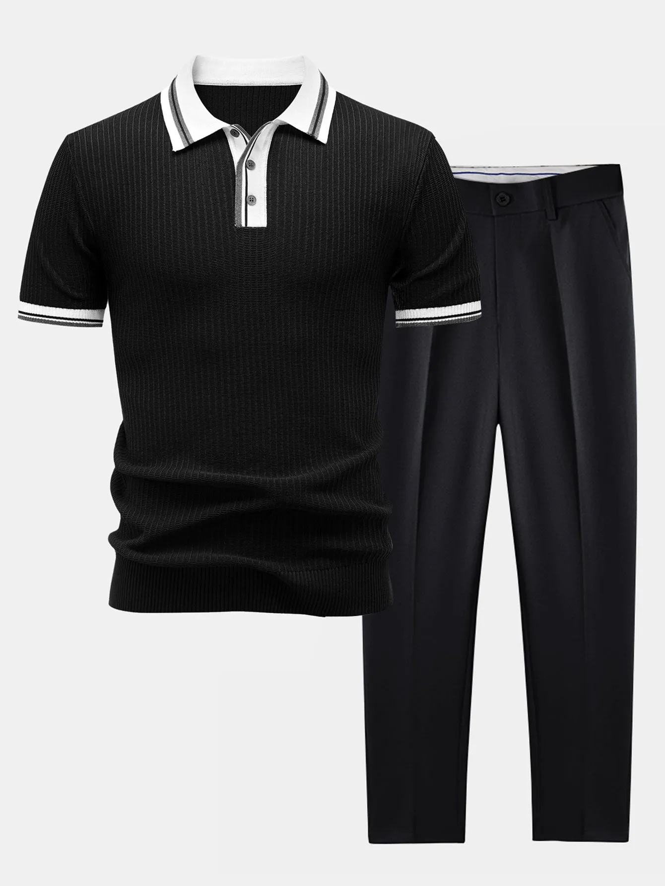 Contrast Trim Knit Polo Shirt & Slim Fit Tapered Trousers sold by Hoooyi product image thumbnail 2