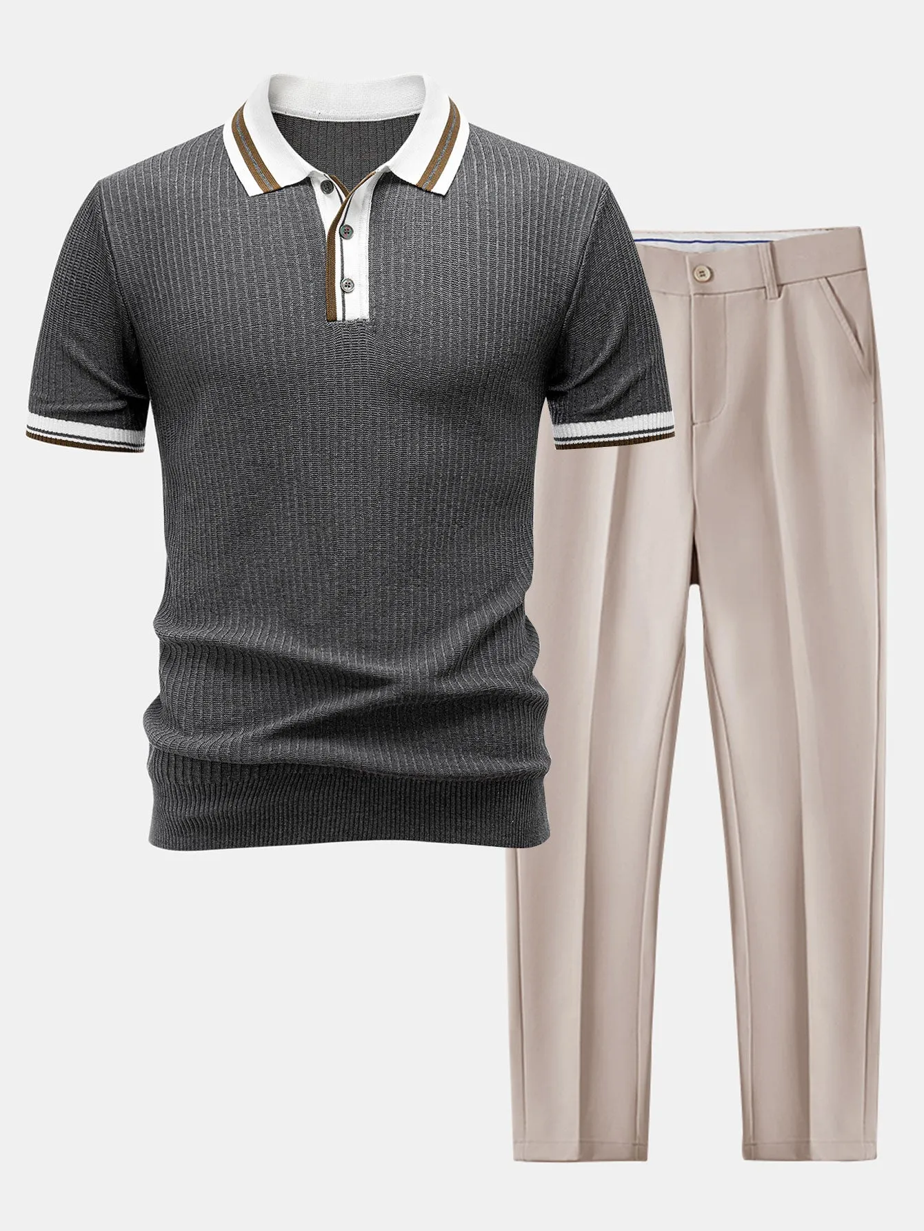 Contrast Trim Knit Polo Shirt & Slim Fit Tapered Trousers sold by Hoooyi product image thumbnail 5