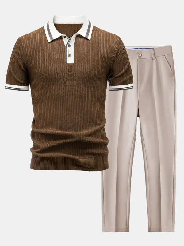 Contrast Trim Knit Polo Shirt & Slim Fit Tapered Trousers made by Hoooyi