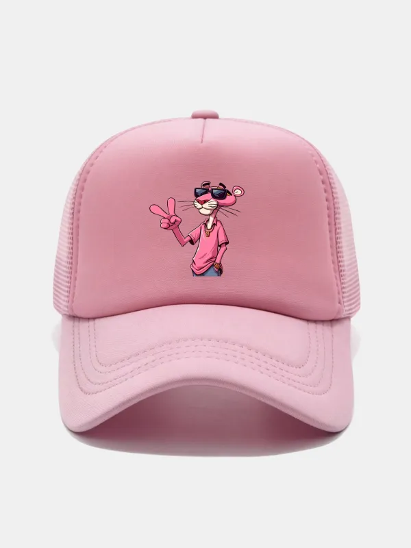 Pink Panther With V Sign Print Mesh Baseball Cap made by Hoooyi