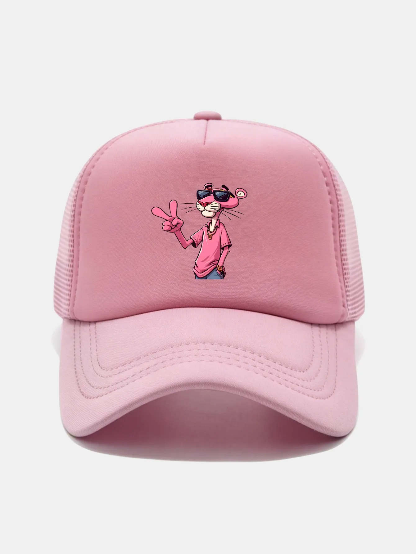 Pink Panther With V Sign Print Mesh Baseball Cap sold by Hoooyi