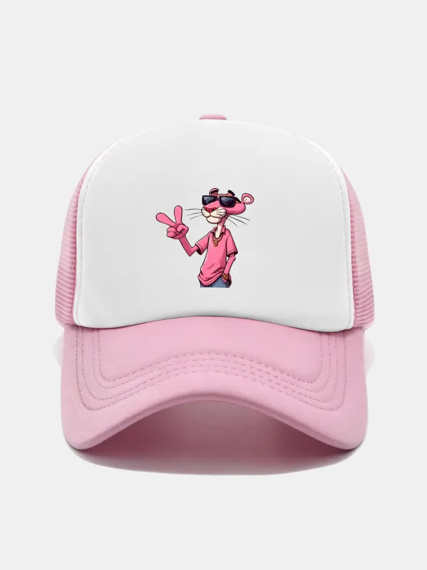 Pink Panther With V Sign Print Contrast Mesh Baseball Cap made by Hoooyi