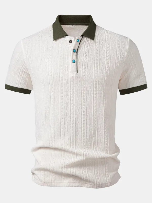 Contrast Collar Geometric Jacquard Knit Polo made by Hoooyi