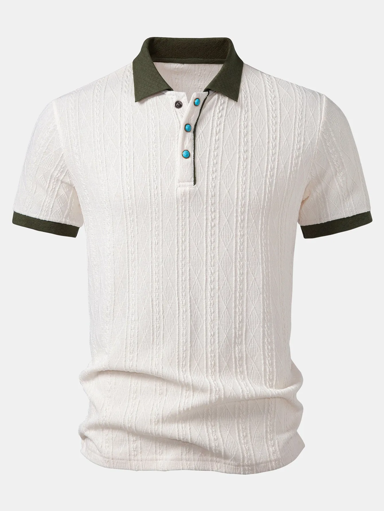 Contrast Collar Geometric Jacquard Knit Polo sold by Hoooyi