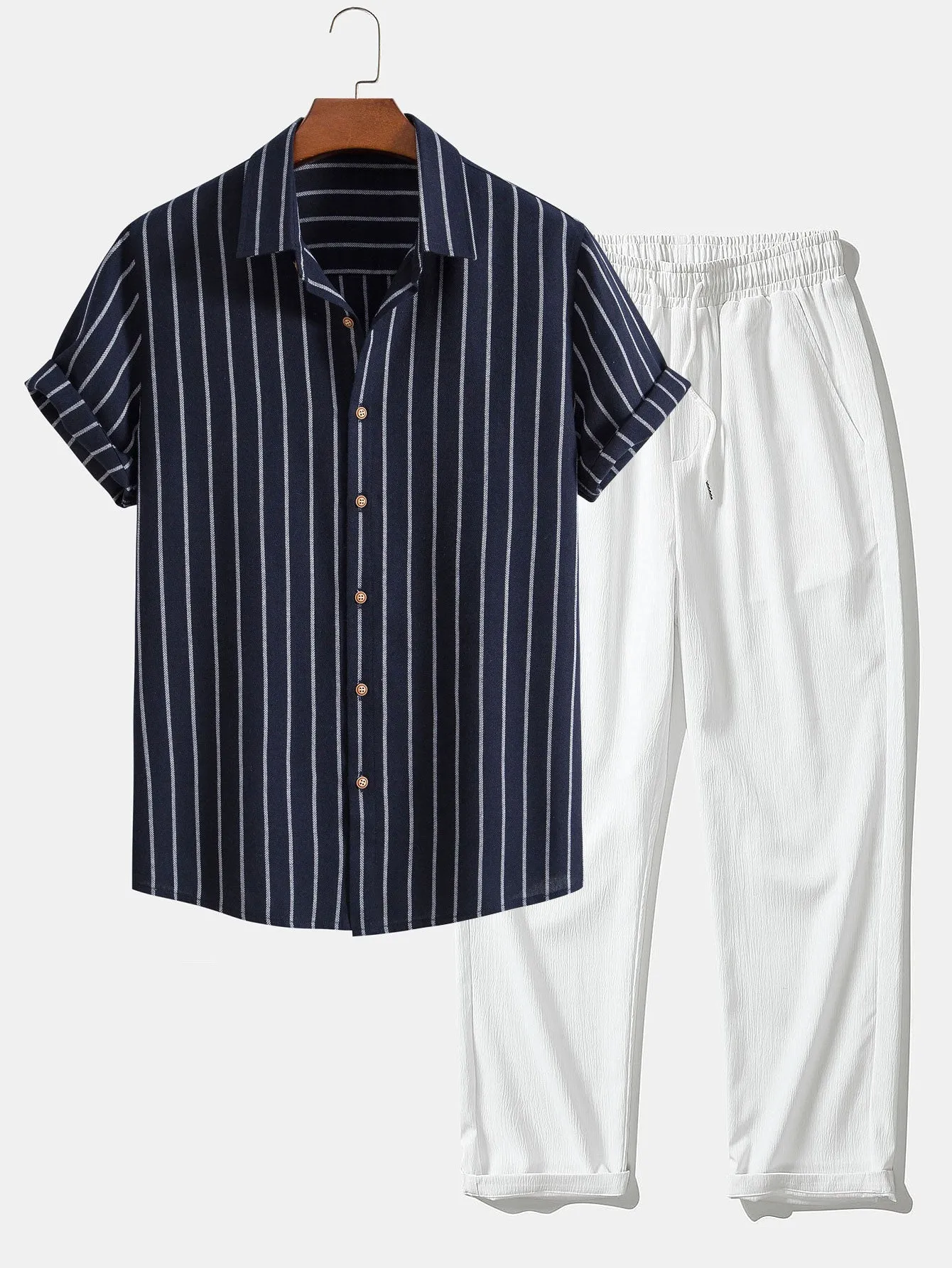 Cotton Blend Striped Button Up Shirt & Crinkle Textured Straight Leg Pants sold by Hoooyi product image thumbnail 2