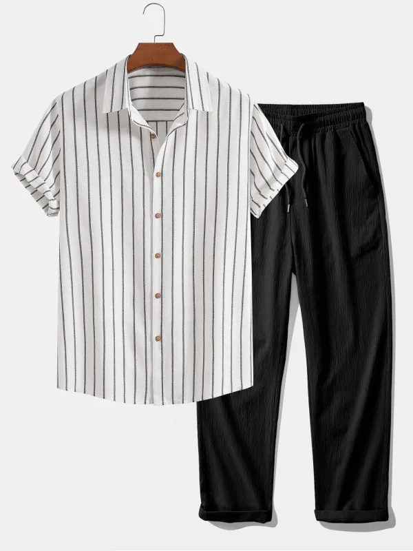 Cotton Blend Striped Button Up Shirt & Crinkle Textured Straight Leg Pants made by Hoooyi
