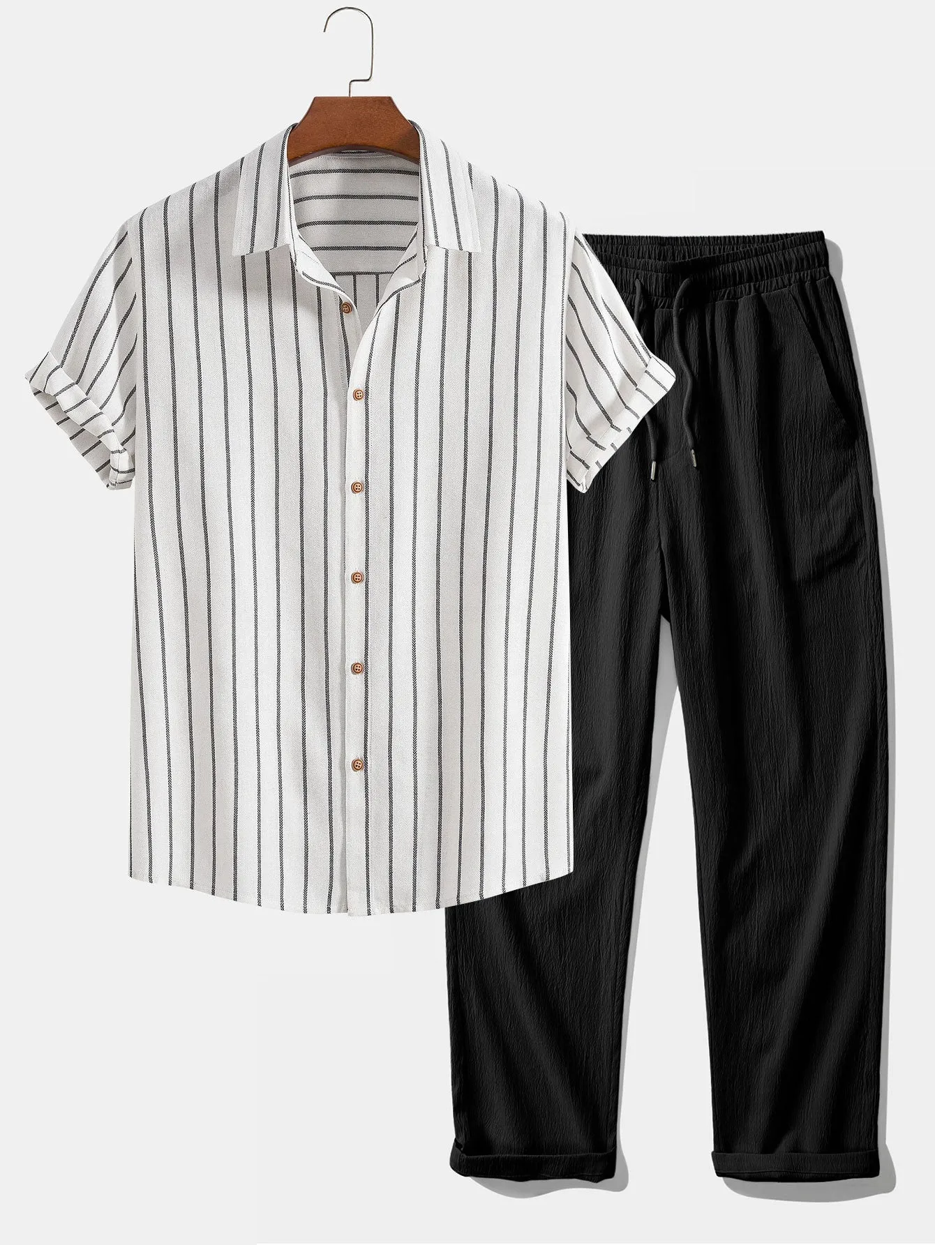 Cotton Blend Striped Button Up Shirt & Crinkle Textured Straight Leg Pants sold by Hoooyi
