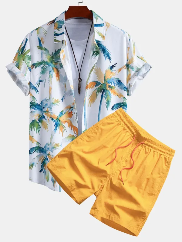 Watercolor Palm Tree Print Shirt & Swim Shorts made by Hoooyi