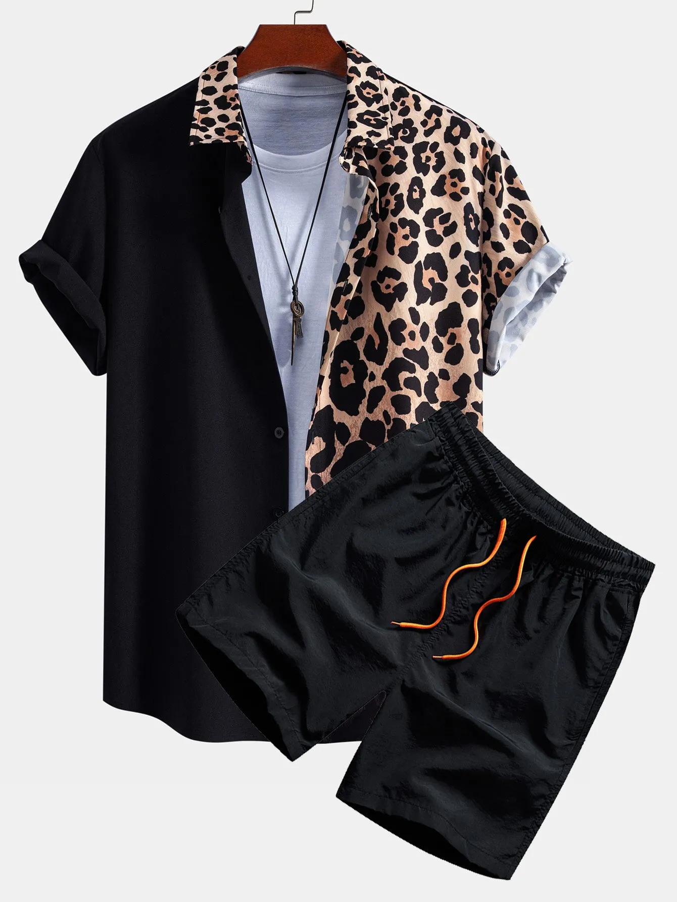 Leopard Print Patchwork Button Up Shirt & Swim Shorts sold by Hoooyi