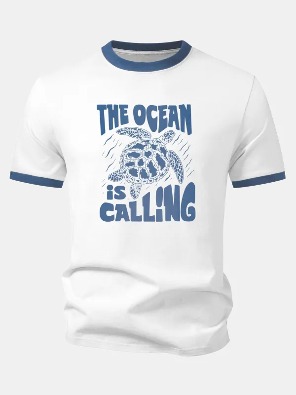 Sea Turtle Print Contrast Ringer T-Shirt made by Hoooyi