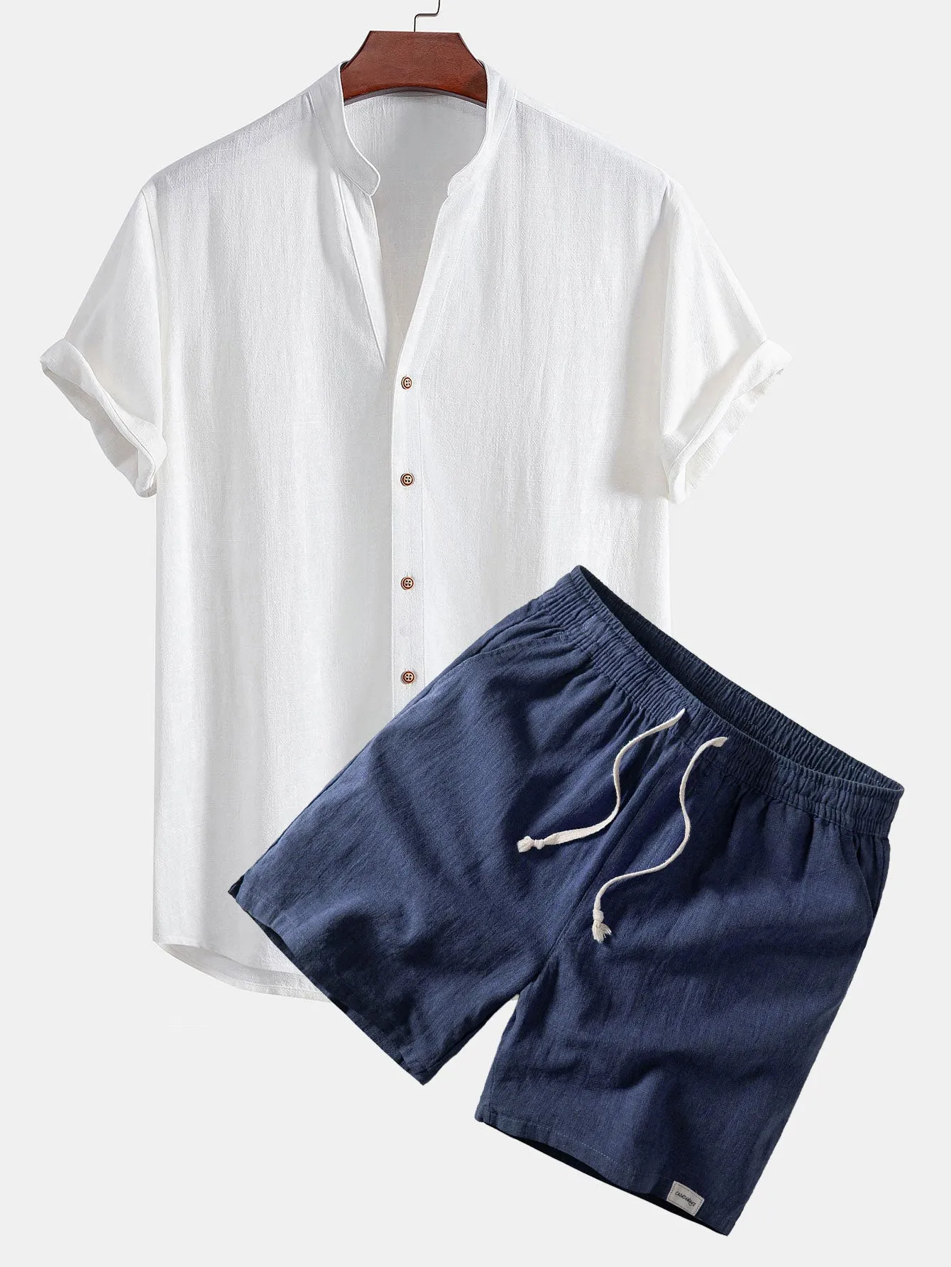 Short Sleeve V Neck Linen Rayon Blend Shirt & Linen Blend Drawstring 7" Shorts sold by Hoooyi product image thumbnail 4