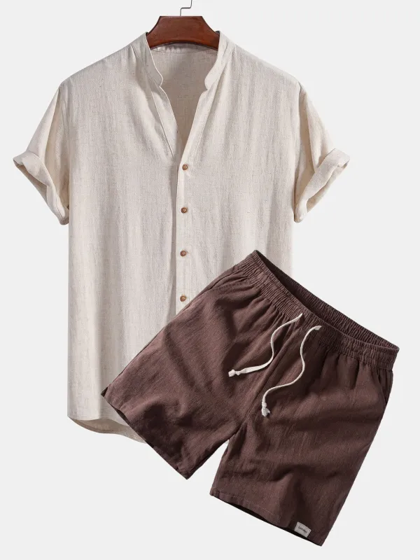 Short Sleeve V Neck Linen Rayon Blend Shirt & Linen Blend Drawstring 7" Shorts made by Hoooyi