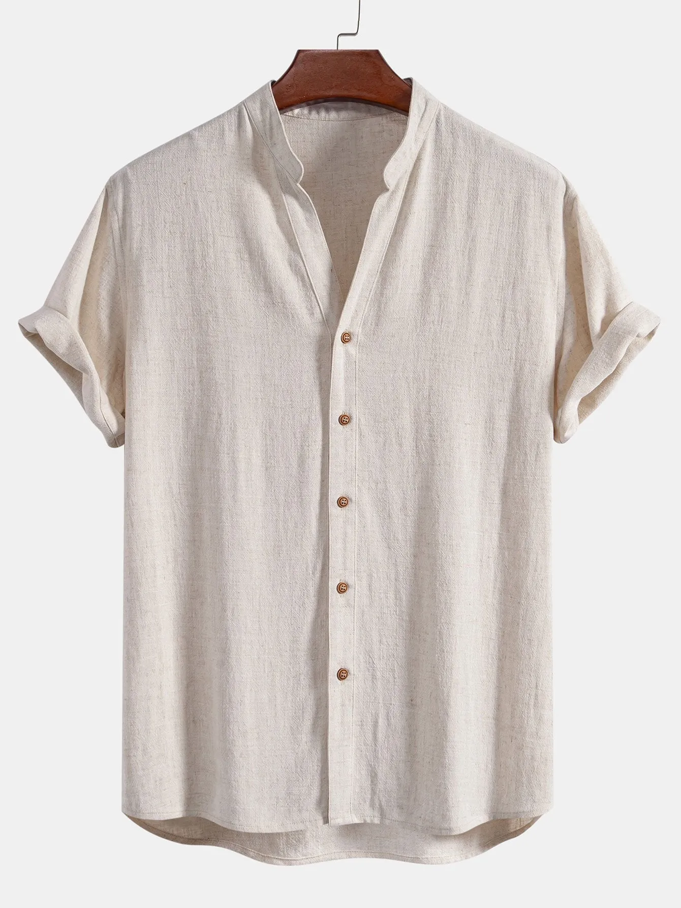Short Sleeve V Neck Linen Rayon Blend Shirt & Linen Blend Drawstring 7" Shorts sold by Hoooyi product image thumbnail 5