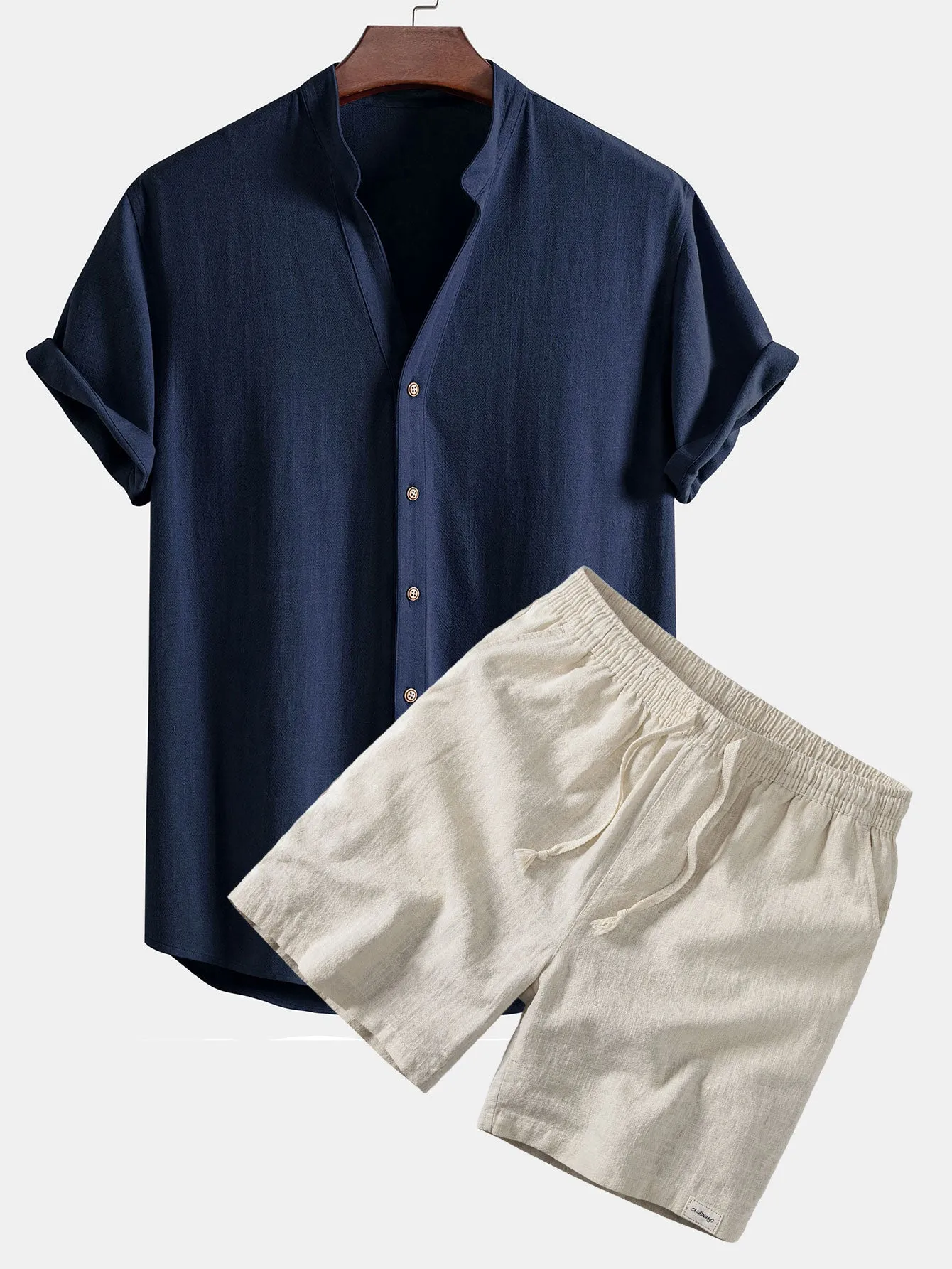 Short Sleeve V Neck Linen Rayon Blend Shirt & Linen Blend Drawstring 7" Shorts sold by Hoooyi product image thumbnail 2