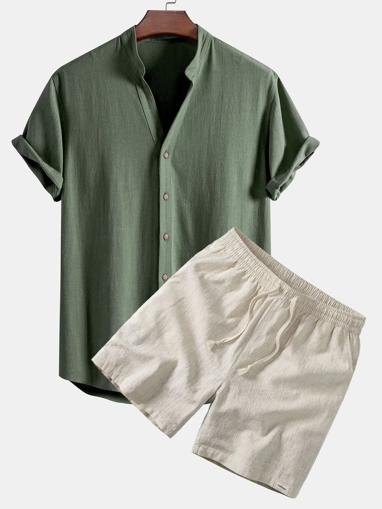 Short Sleeve V Neck Linen Rayon Blend Shirt & Linen Blend Drawstring 7" Shorts sold by Hoooyi product image thumbnail 3