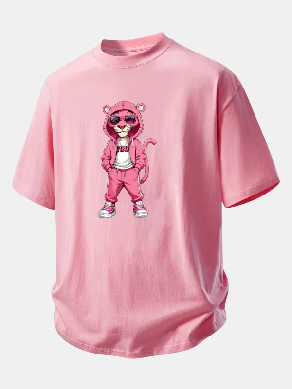 Relax Fit Street Fashion Pink Panther Print Cotton T-Shirt made by Hoooyi