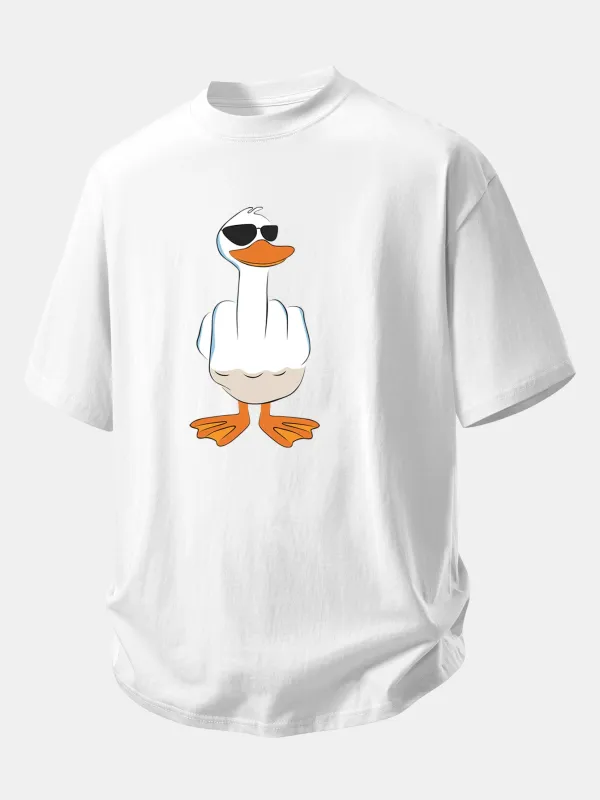 Relax Fit Funny Middle Finger Duck Print Cotton T-Shirt made by Hoooyi
