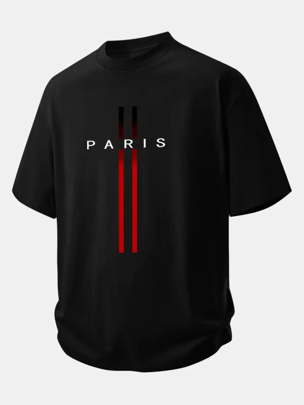 Relax Fit Stripe Paris Print Cotton T-Shirt made by Hoooyi