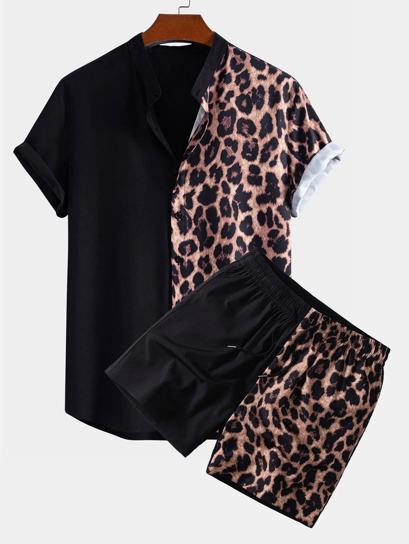 Leopard Patchwork Stand Collar Shirt & Leopard Print Patchwork 6" Shorts sold by Hoooyi