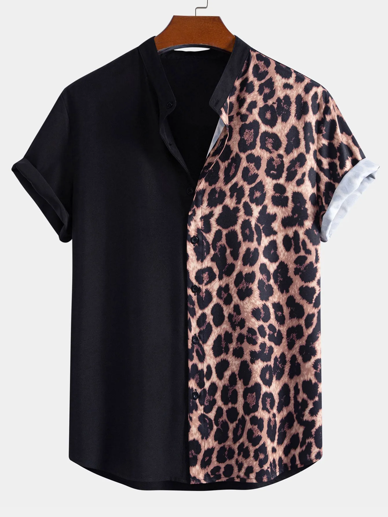 Leopard Patchwork Stand Collar Shirt & Leopard Print Patchwork 6" Shorts sold by Hoooyi product image thumbnail 2