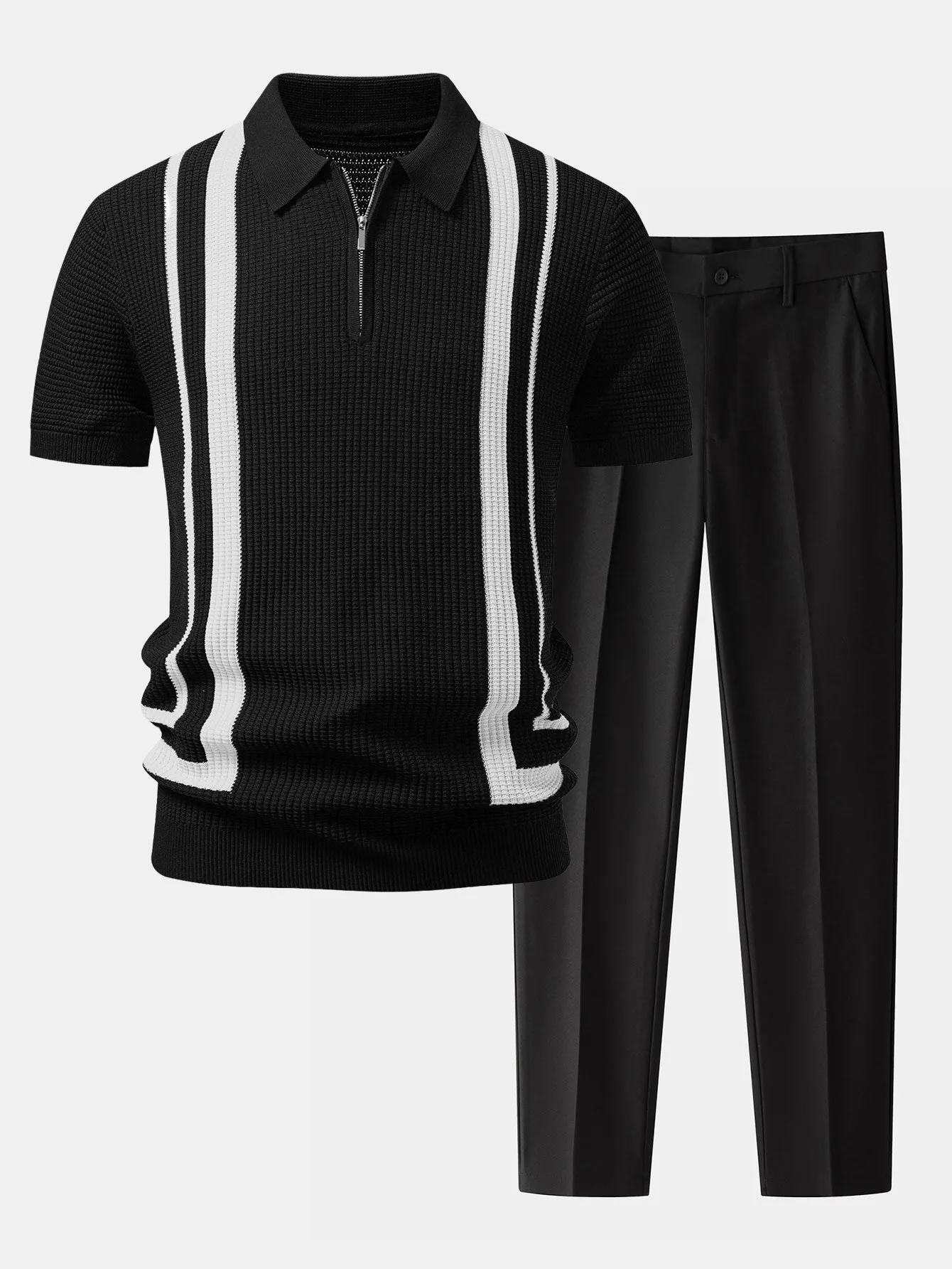 Contrast Waffle Zipper Knit Polo & Slim Fit Tapered Trousers sold by Hoooyi product image thumbnail 2