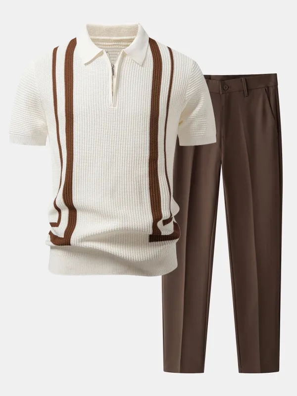 Contrast Waffle Zipper Knit Polo & Slim Fit Tapered Trousers made by Hoooyi