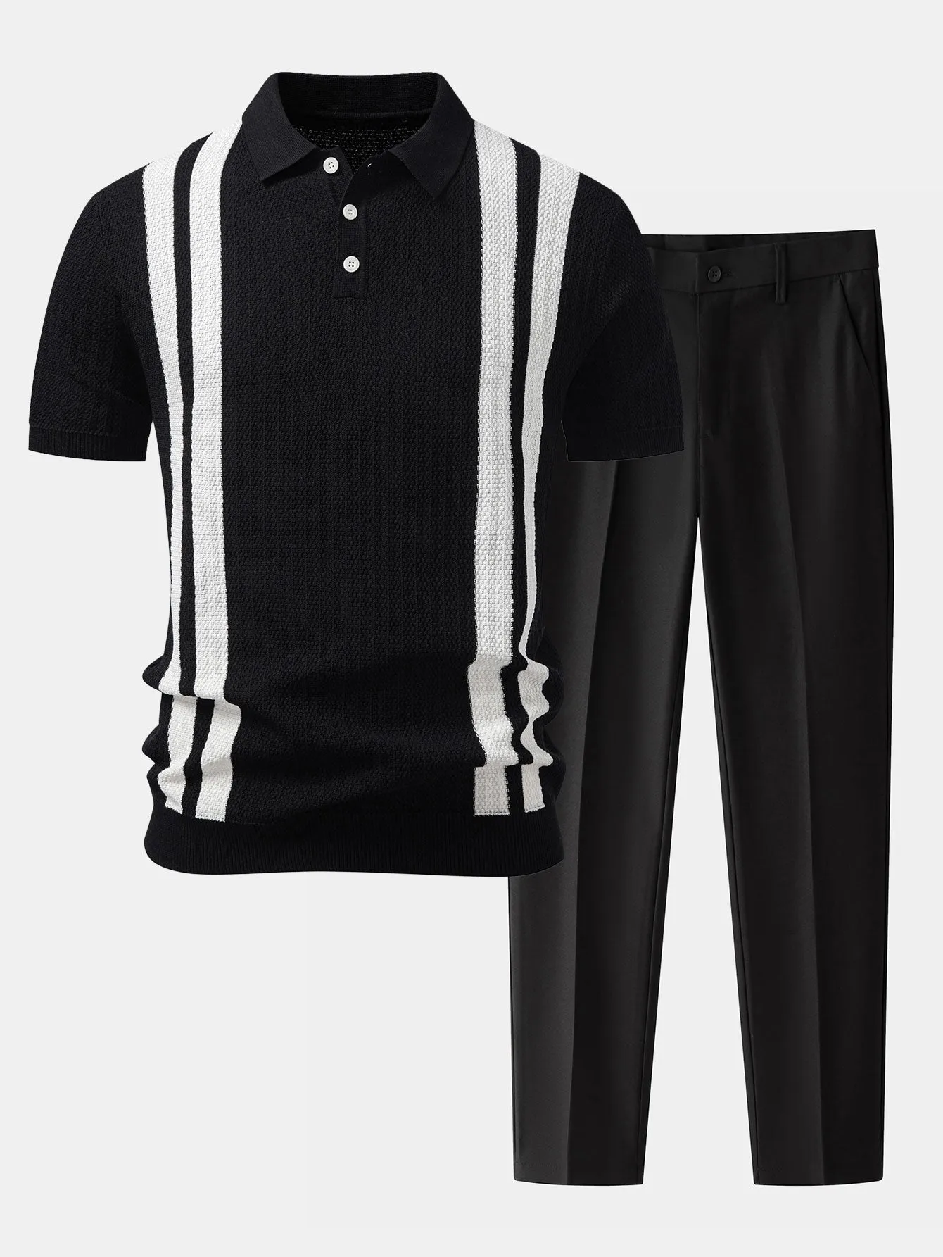 Contrast Textured Knit Polo & Slim Fit Tapered Trousers sold by Hoooyi product image thumbnail 2