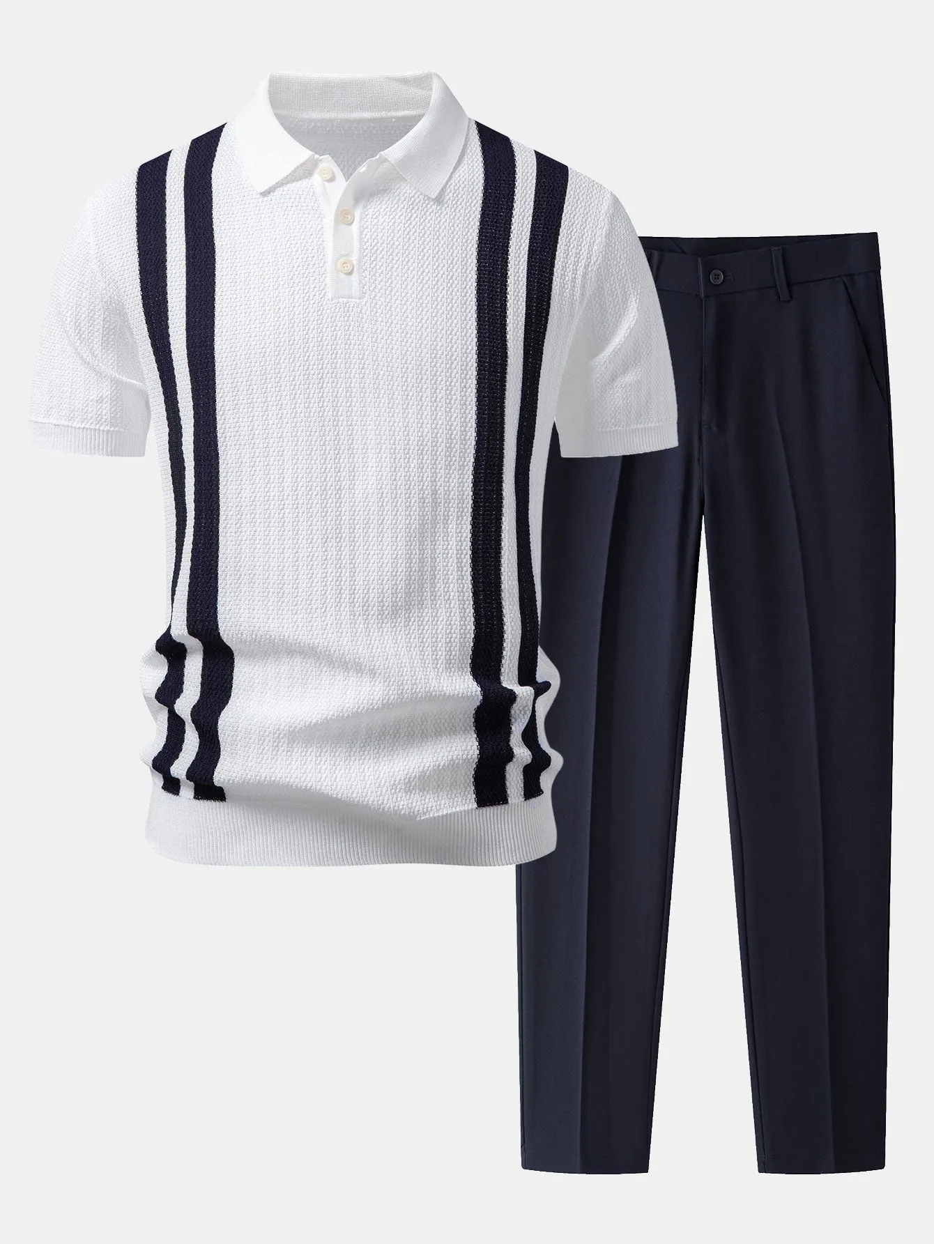 Contrast Textured Knit Polo & Slim Fit Tapered Trousers sold by Hoooyi