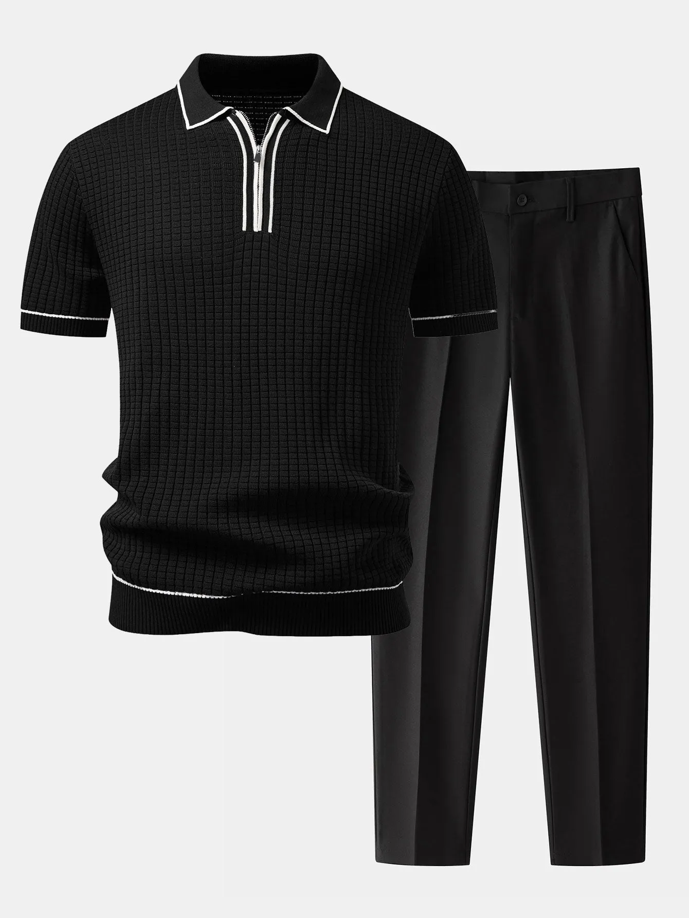 Contrast Trim Waffle Zipper Knit Polo & Slim Fit Tapered Trousers sold by Hoooyi product image thumbnail 2