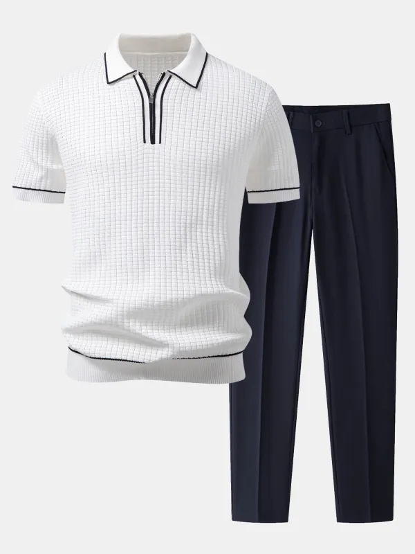 Contrast Trim Waffle Zipper Knit Polo & Slim Fit Tapered Trousers made by Hoooyi