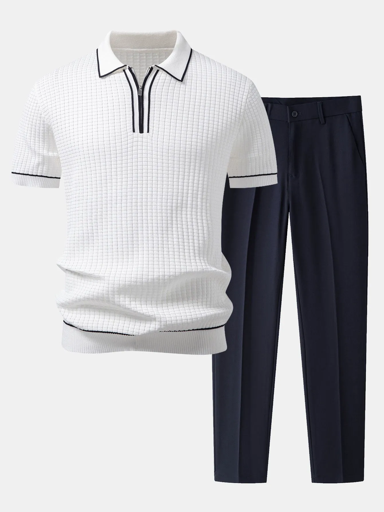 Contrast Trim Waffle Zipper Knit Polo & Slim Fit Tapered Trousers sold by Hoooyi