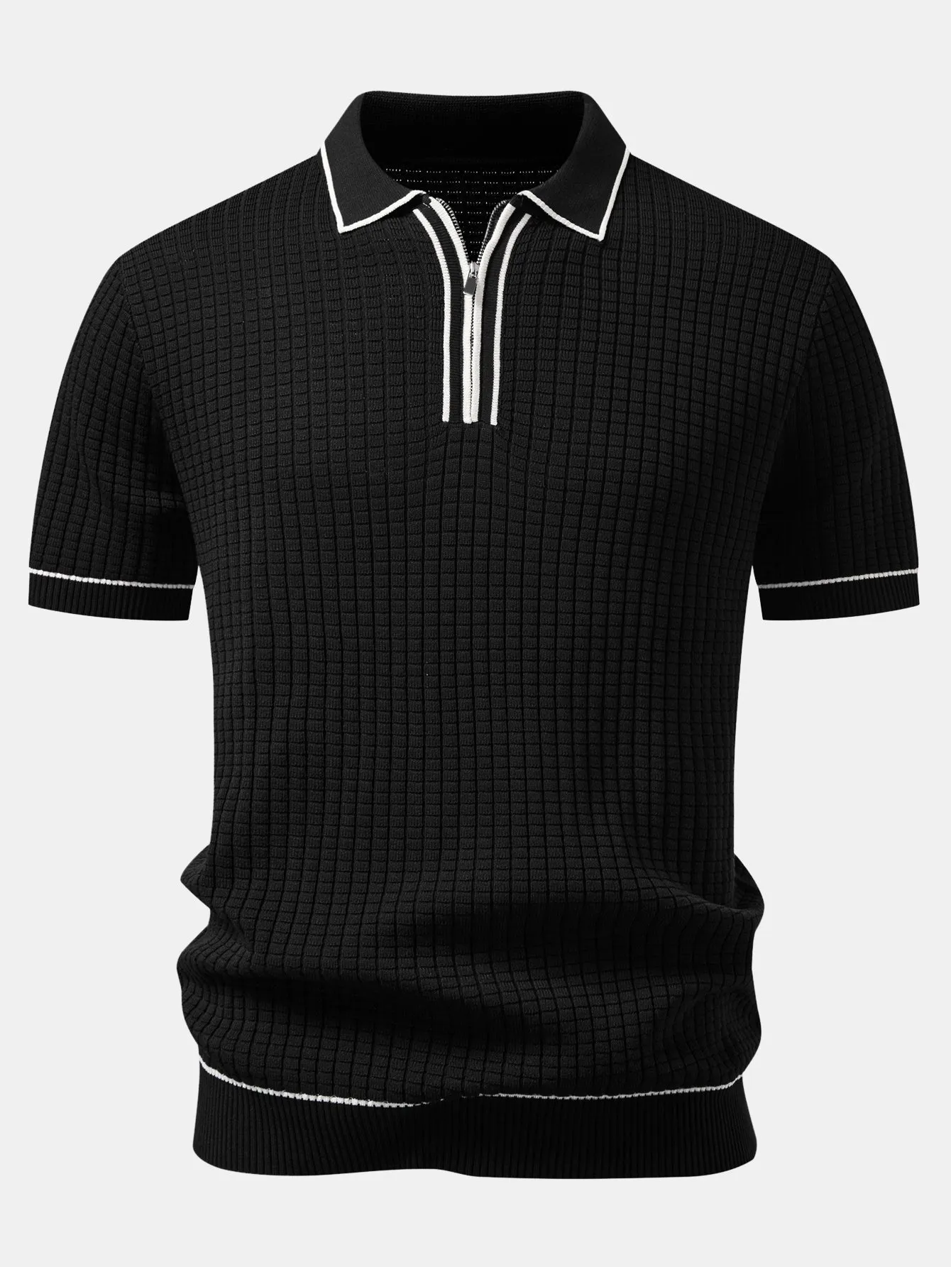 Contrast Trim Waffle Zipper Knit Polo & Slim Fit Tapered Trousers sold by Hoooyi product image thumbnail 3