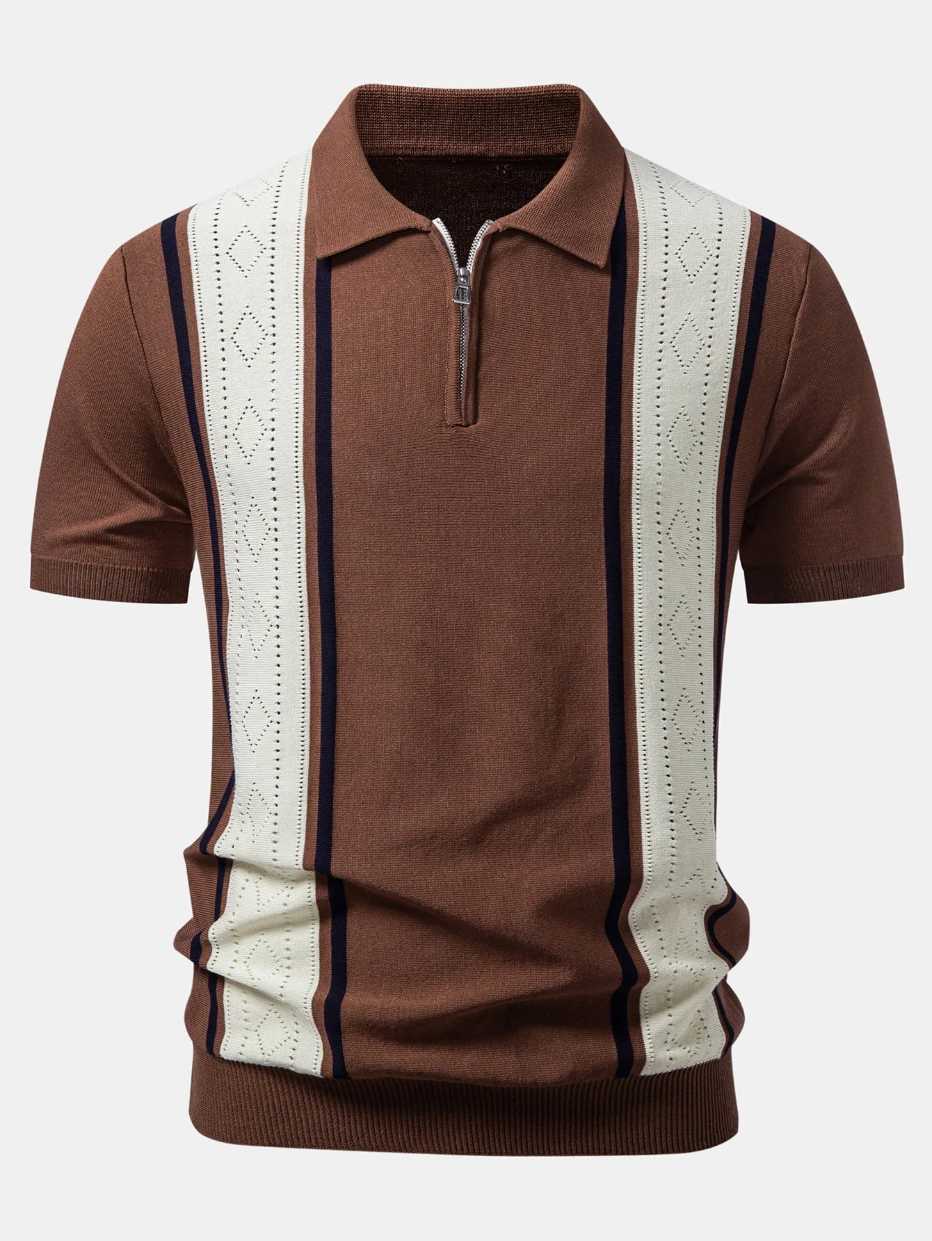 Contrast Geometric Zipper Knit Polo sold by Hoooyi