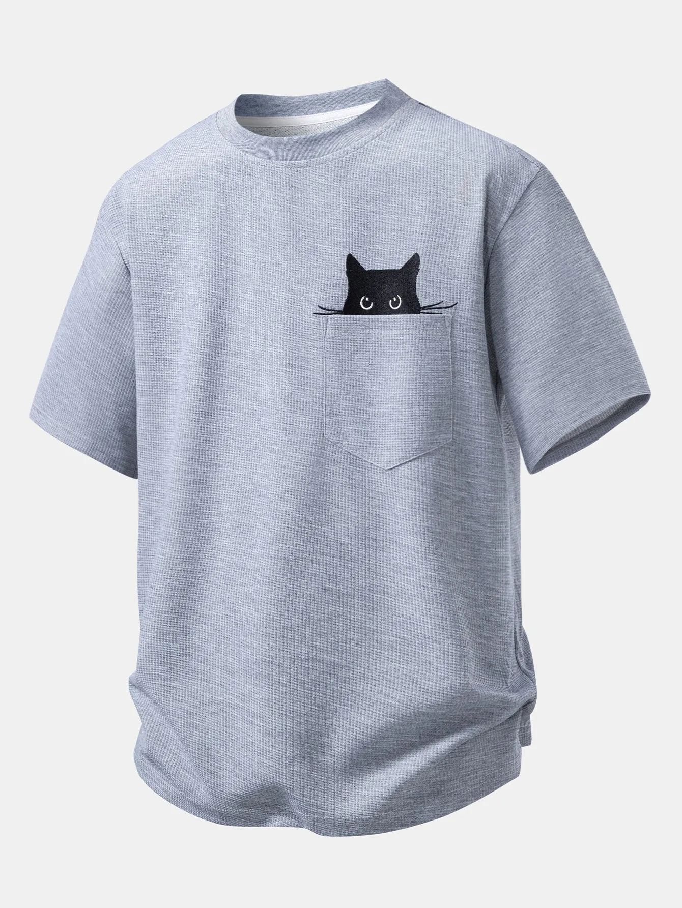 Relax Fit Black Cat Embroidered Pocket Waffle T-Shirt sold by Hoooyi