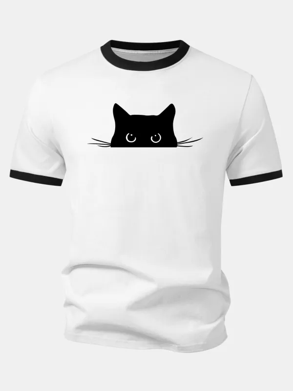 Black Cat Print Contrast Ringer T-Shirt made by Hoooyi