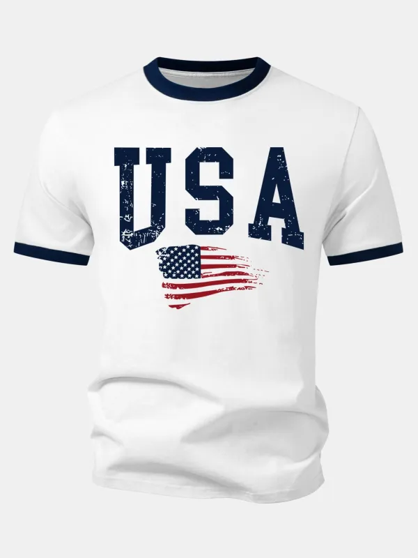 American Flag Print Contrast Ringer T-Shirt made by Hoooyi