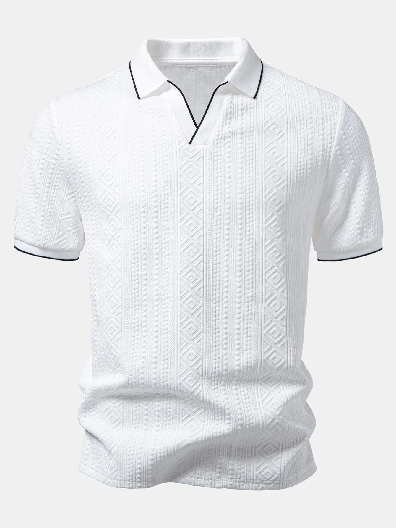 Geometric Jacquard V Neck Polo sold by Hoooyi