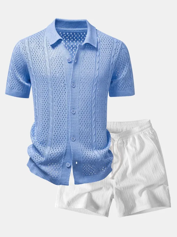 Open Knit Shirt & Crinkle Textured Drawstring 5" Shorts made by Hoooyi