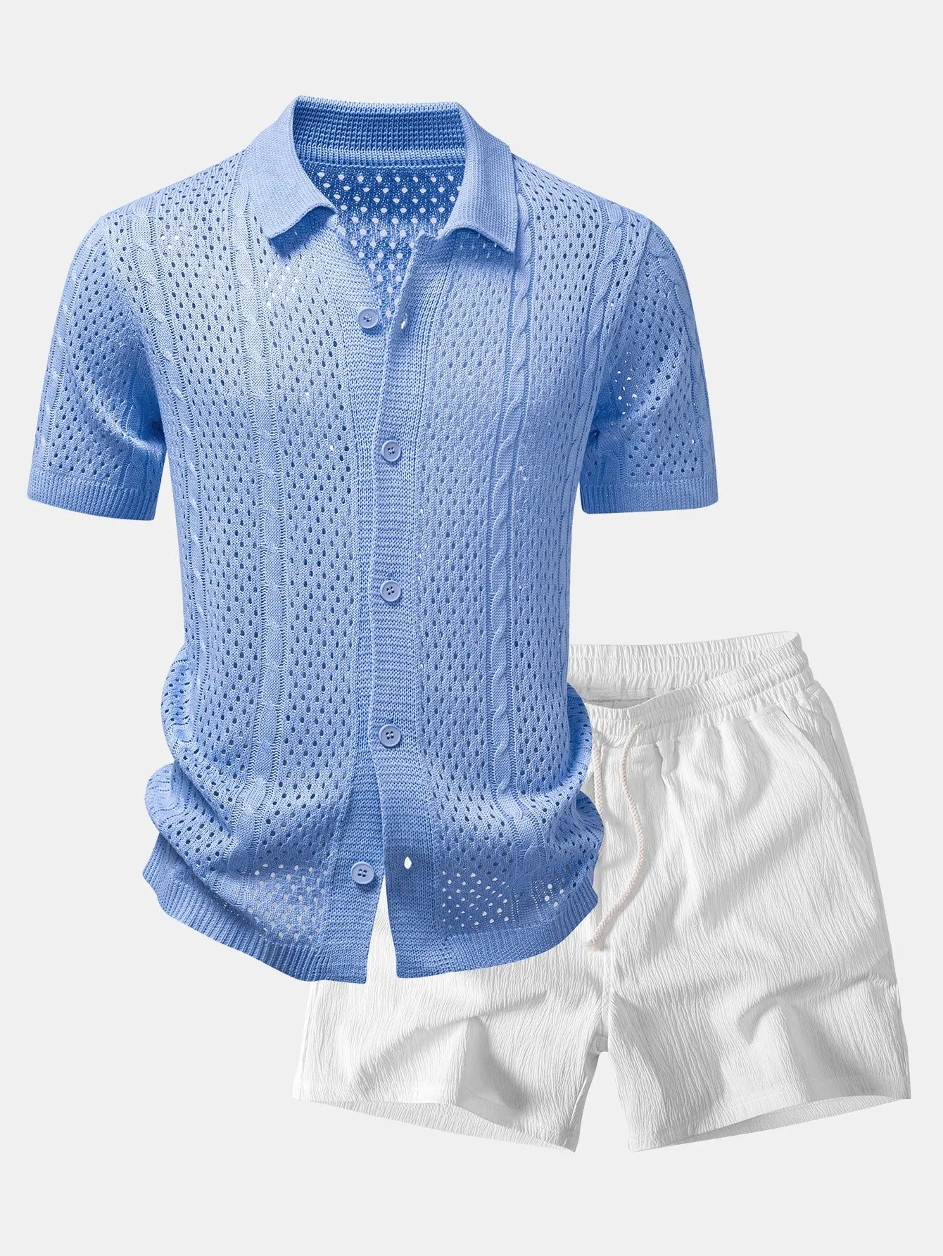 Open Knit Shirt & Crinkle Textured Drawstring 5" Shorts sold by Hoooyi