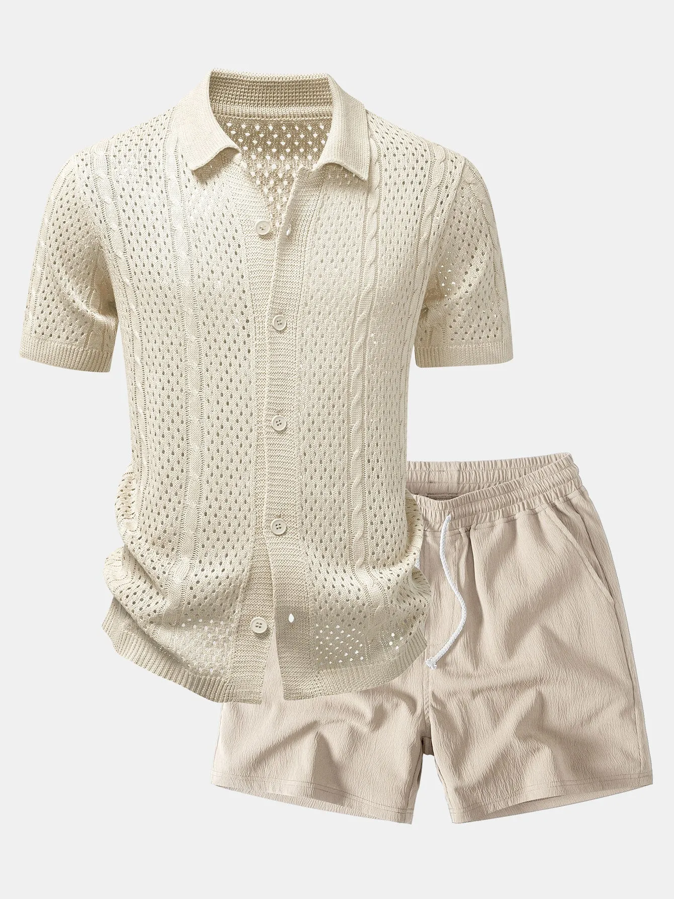 Open Knit Shirt & Crinkle Textured Drawstring 5" Shorts sold by Hoooyi product image thumbnail 2
