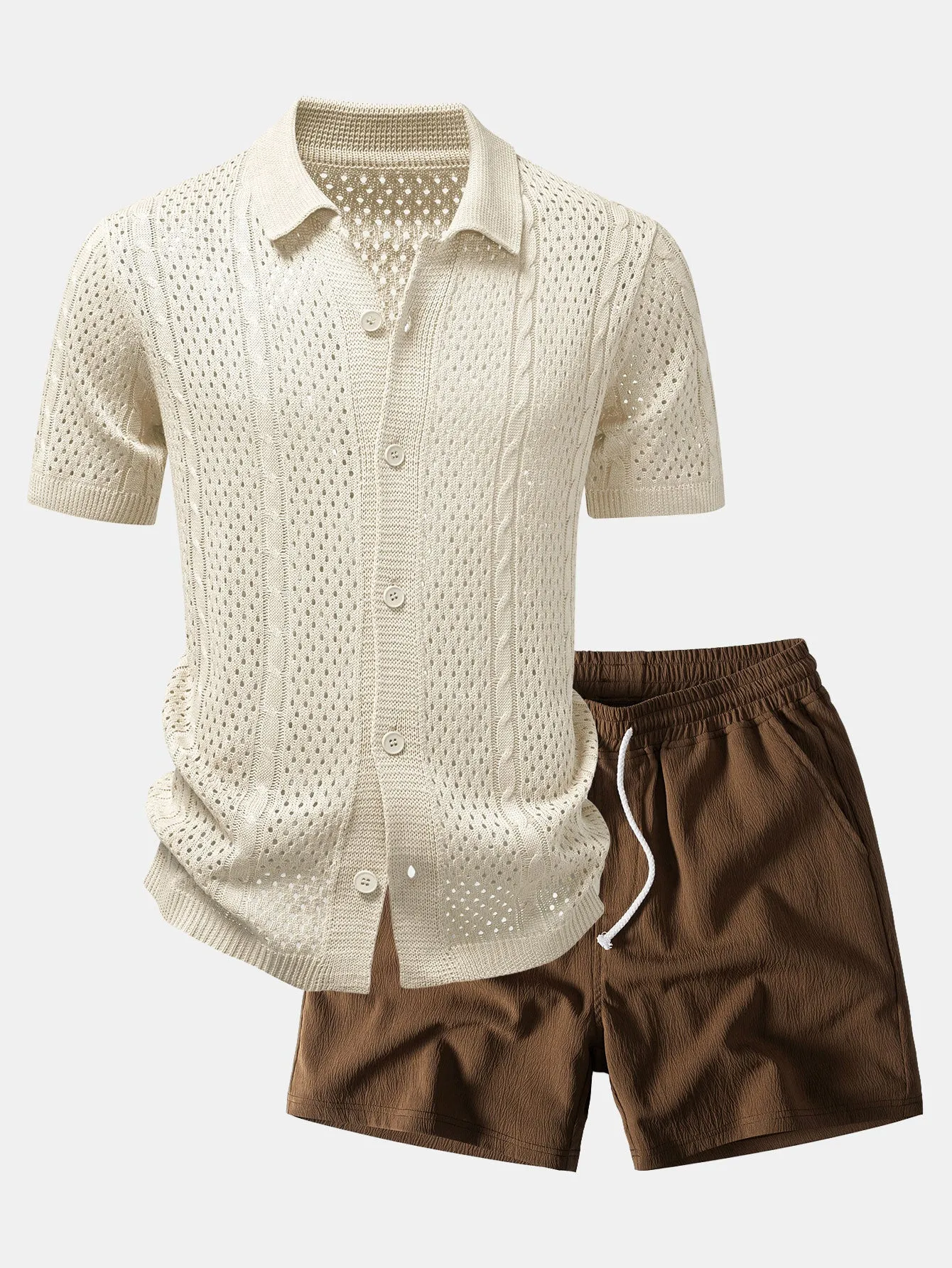 Open Knit Shirt & Crinkle Textured Drawstring 5" Shorts sold by Hoooyi product image thumbnail 4