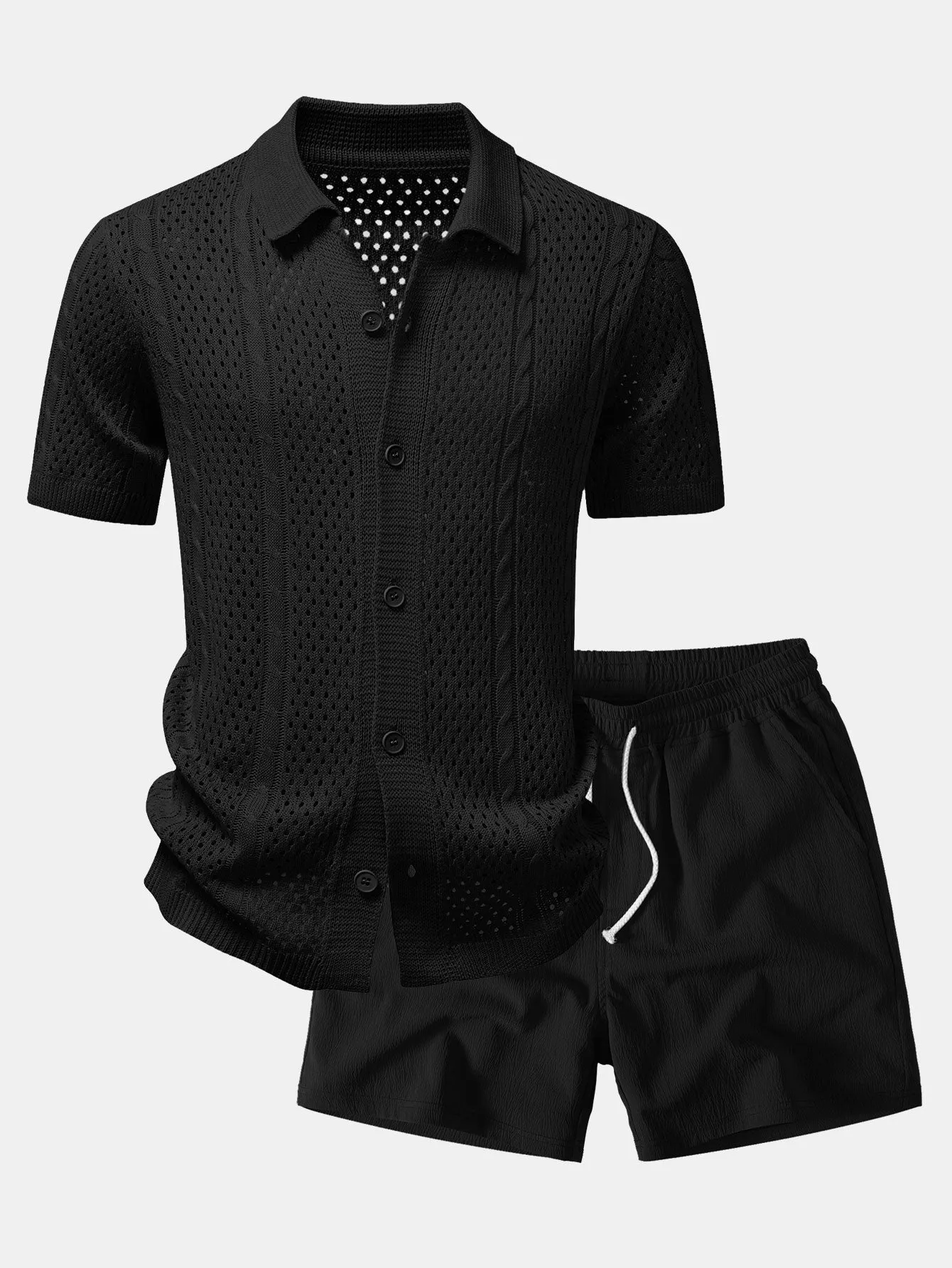 Open Knit Shirt & Crinkle Textured Drawstring 5" Shorts sold by Hoooyi product image thumbnail 3