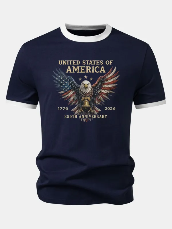 USA 250th Anniversary Print Contrast Ringer T-Shirt made by Hoooyi